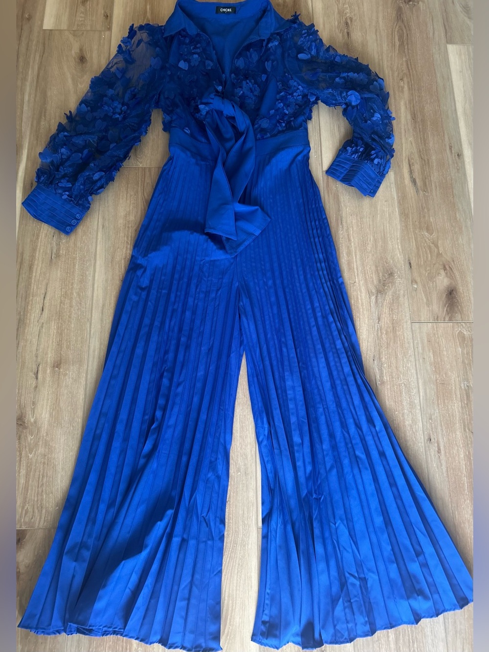 CHICME Royal Blue Pleated Wide-Leg Jumpsuit with Sheer Embroidered Sleeves